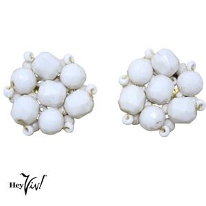 Vintage White Faceted Bead Cluster Clip On Earrings 1" Across - Hey Viv